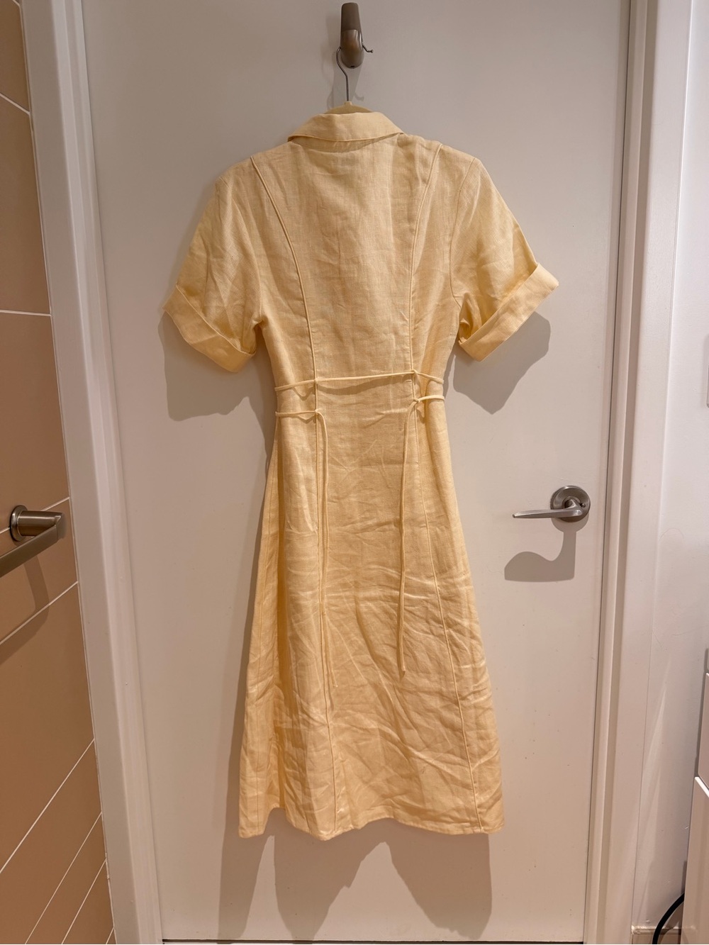 DISSH Pale Yellow Linen Midi Shirt Dress with Waist Tie - Picture 2 of 3
